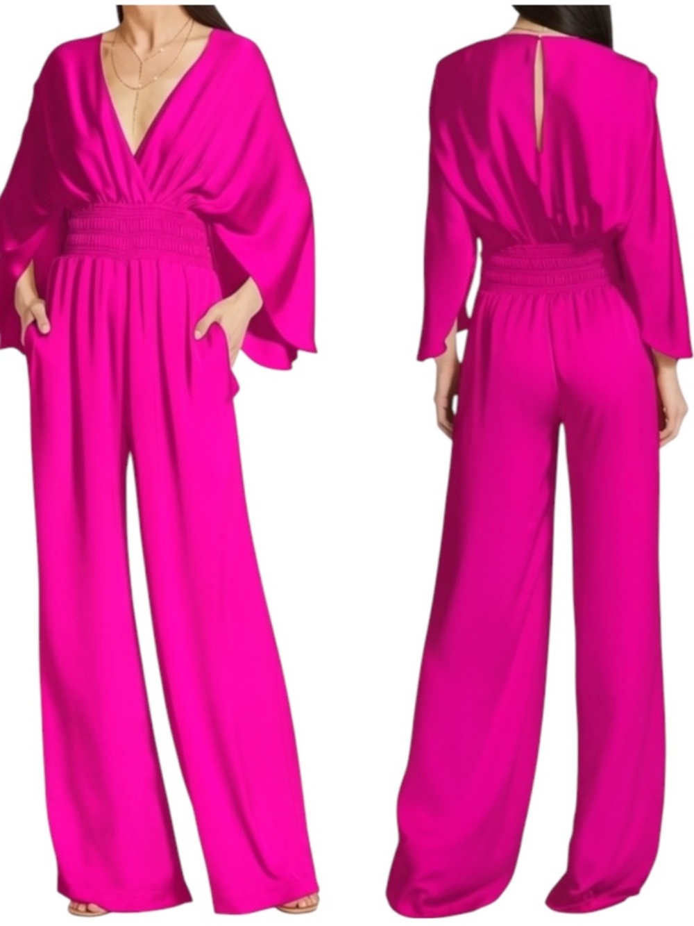 Ramy Brook Cheri Hot Pink Satin V-Neck Wide-Leg Smocked Waist Jumpsuit NWT $545